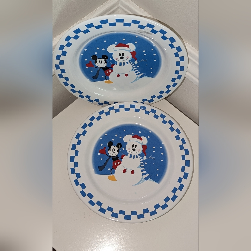 Two Disney Mickey Mouse Christmas Snowman Plate